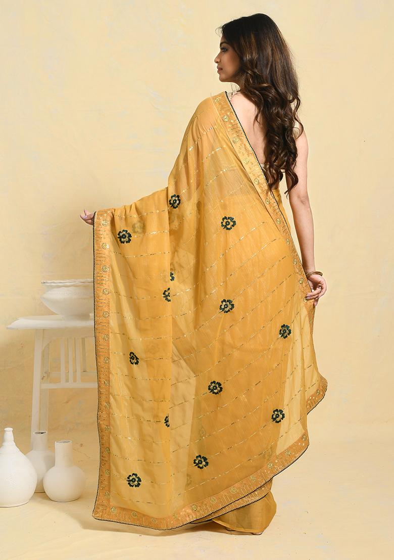 Yellow Embellished Georgette Saree Set