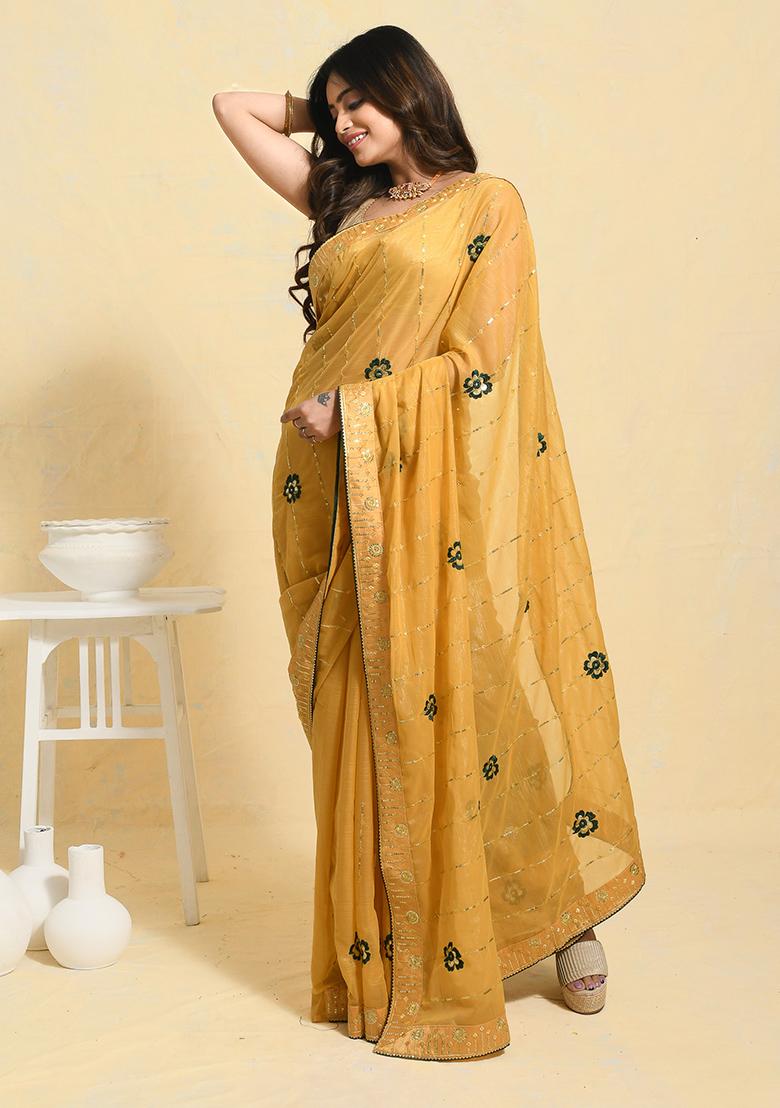 Yellow Embellished Georgette Saree Set