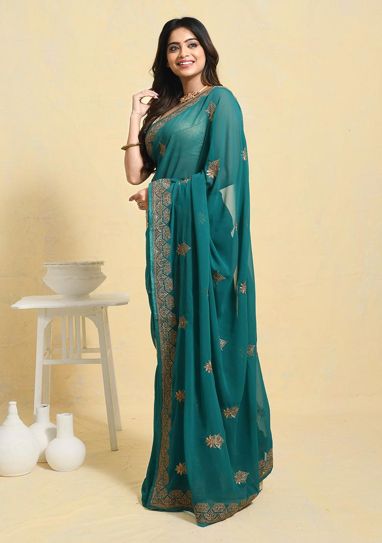 Sea Green Embellished Georgette Saree Set