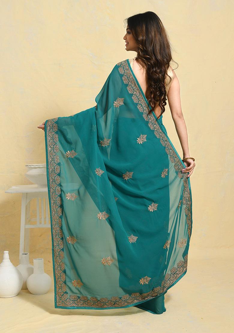 Sea Green Embellished Georgette Saree Set