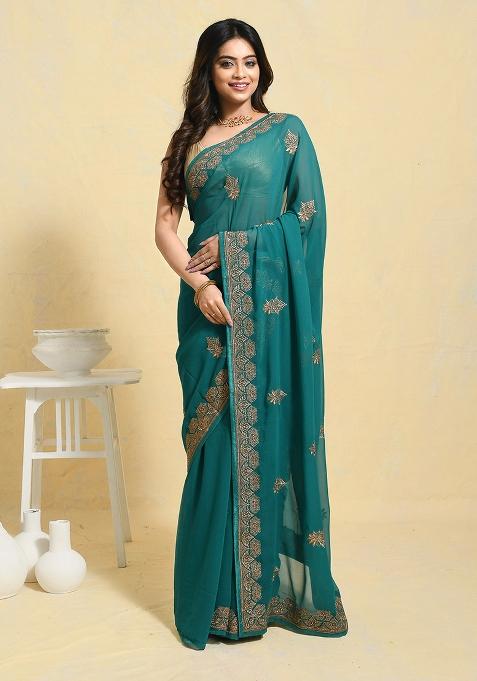 Sea Green Embellished Georgette Saree Set