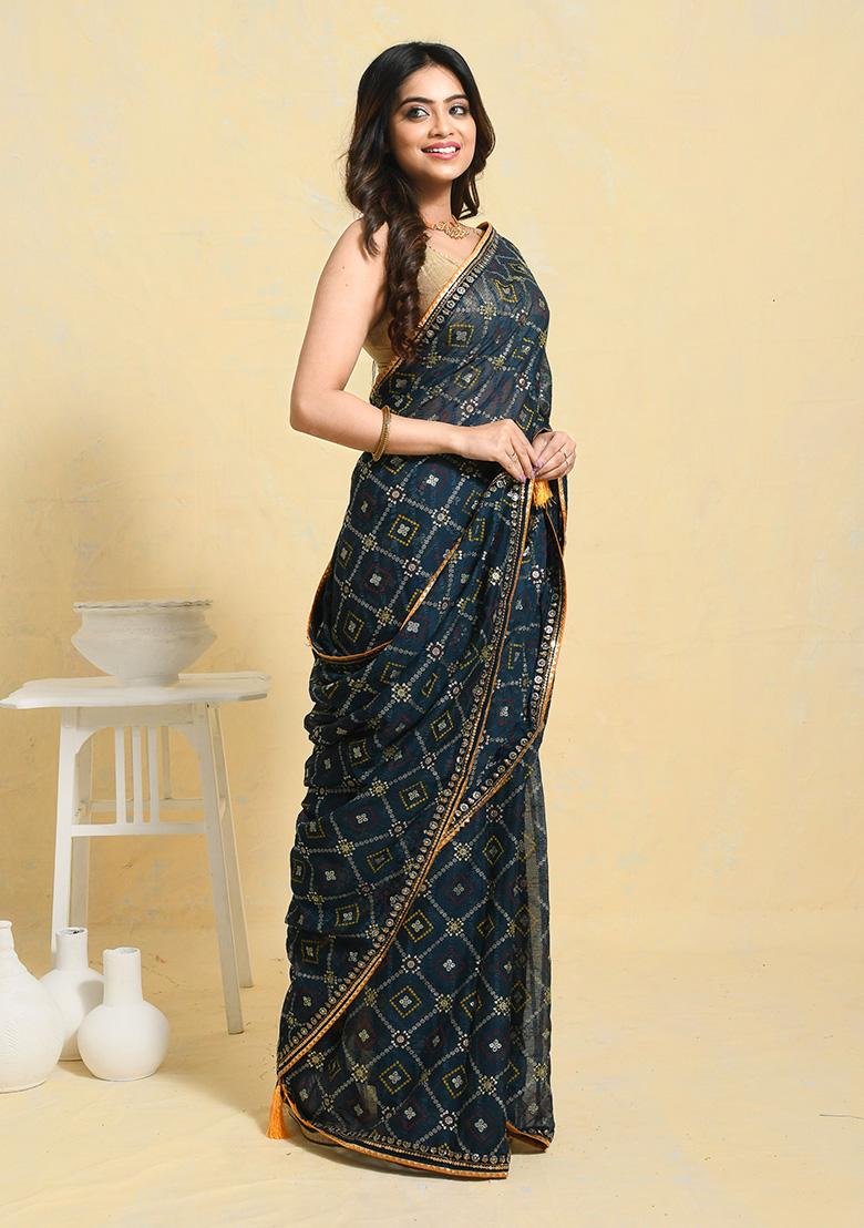 Blue Embellished Georgette Saree Set