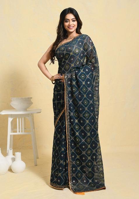 Blue Embellished Georgette Saree Set