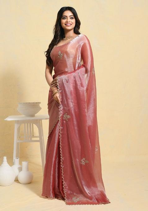 Pink Embellished Chiffon Saree Set