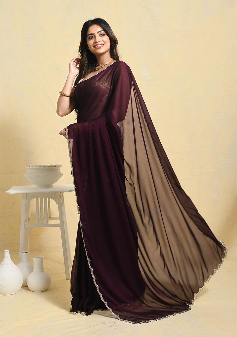Purple Embellished Satin Saree Set