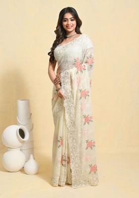 White Embellished Georgette Saree Set