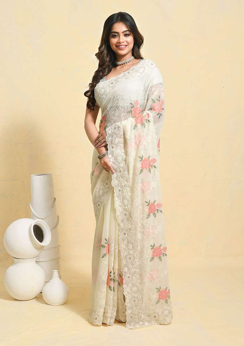 White Embellished Georgette Saree Set for Diwali | Wedding & Festive Wear - Indya