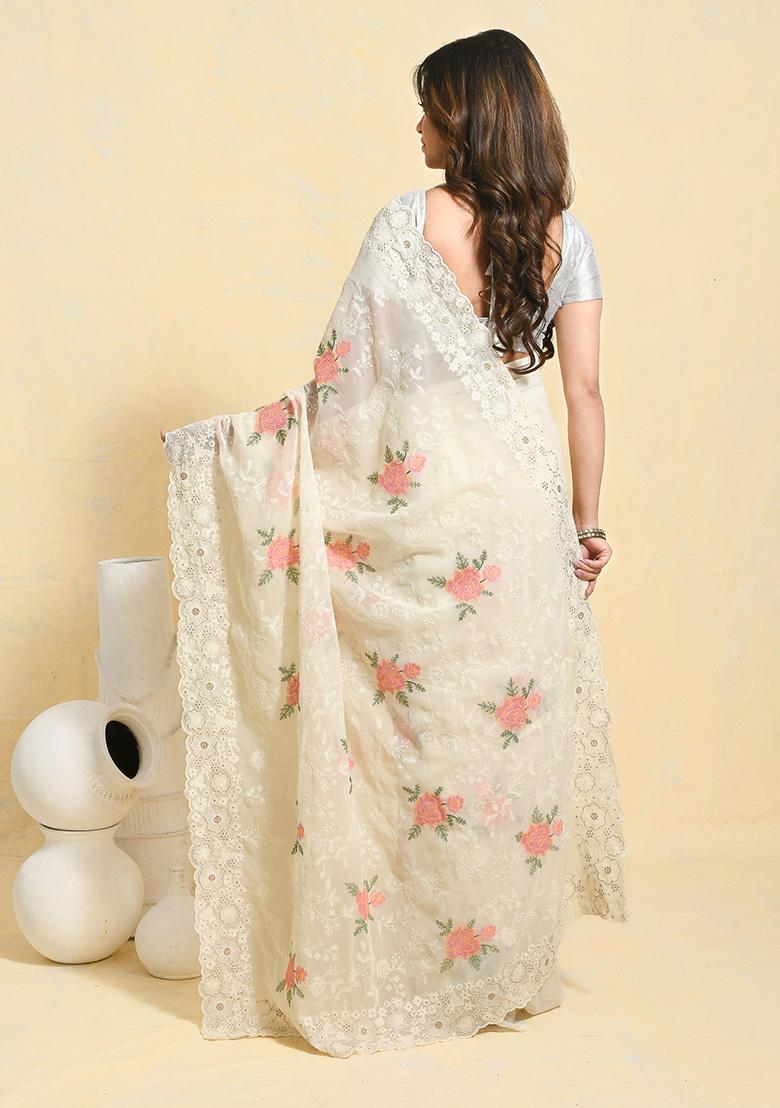 White Embellished Georgette Saree Set