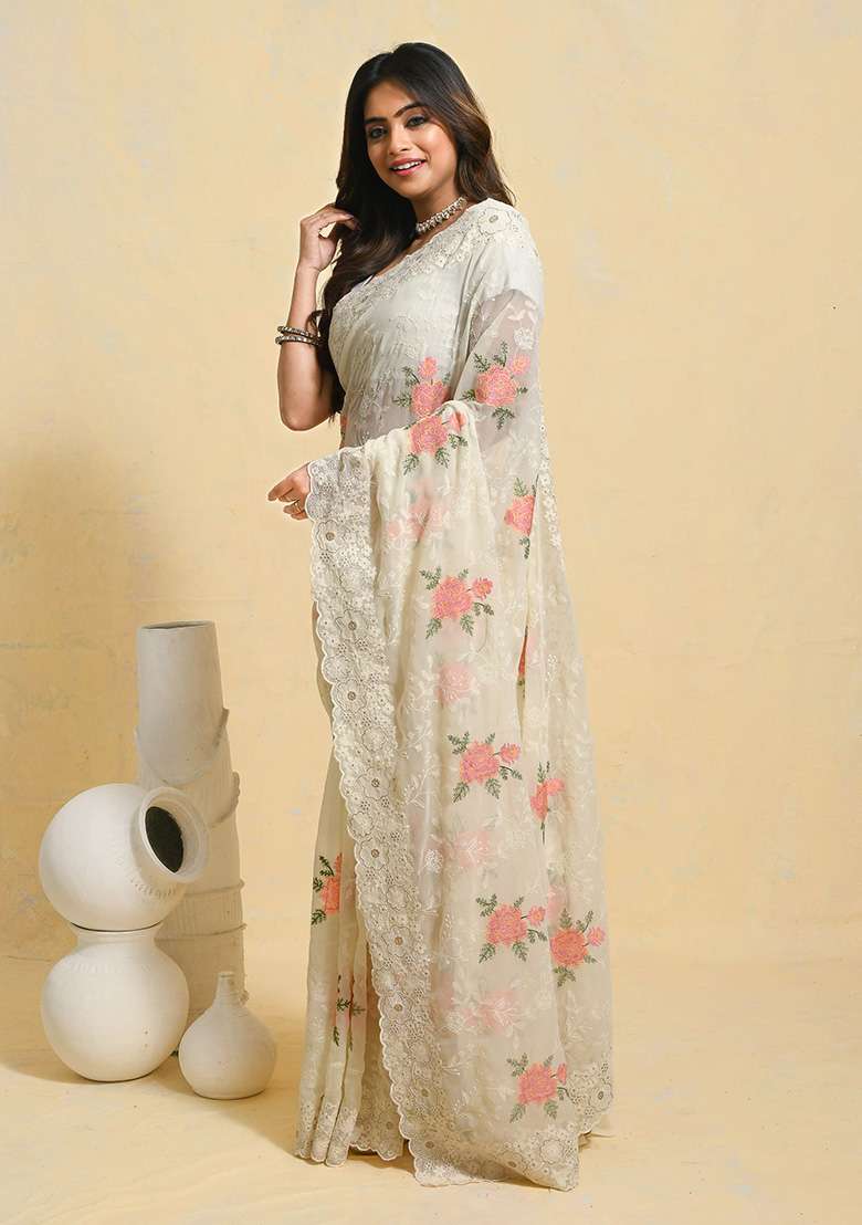 White Embellished Georgette Saree Set for Diwali | Wedding & Festive Wear - Indya