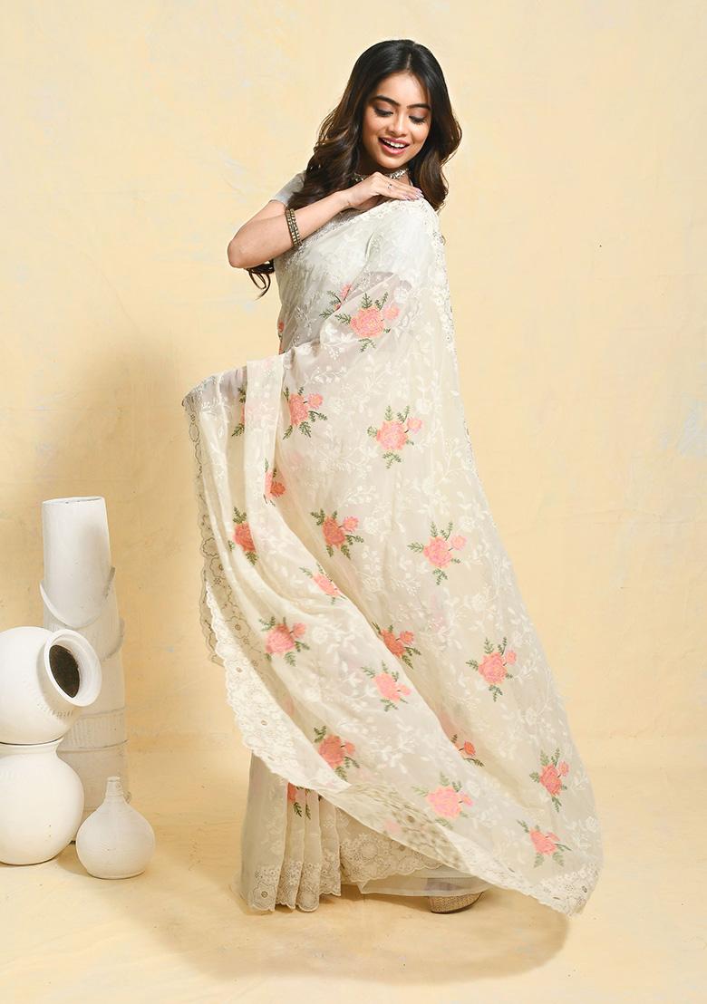White Embellished Georgette Saree Set