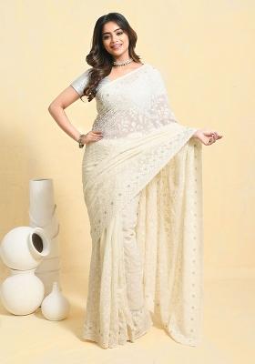 White Embellished Georgette Saree Set