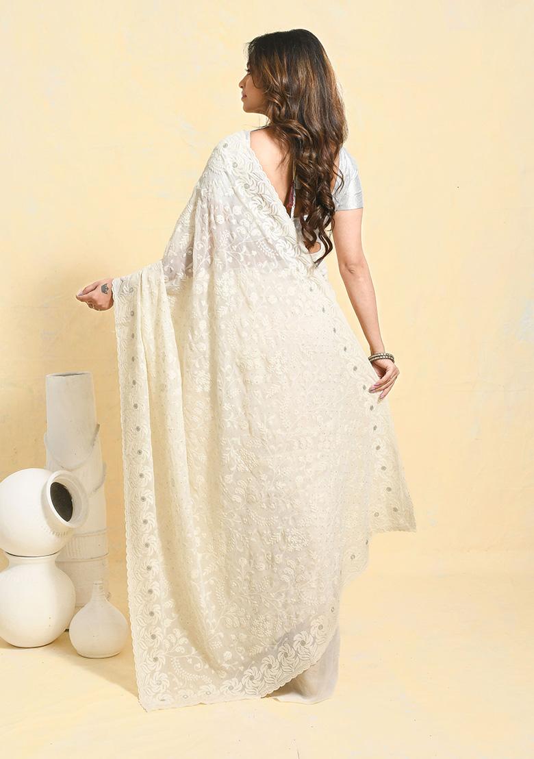 White Embellished Georgette Saree Set