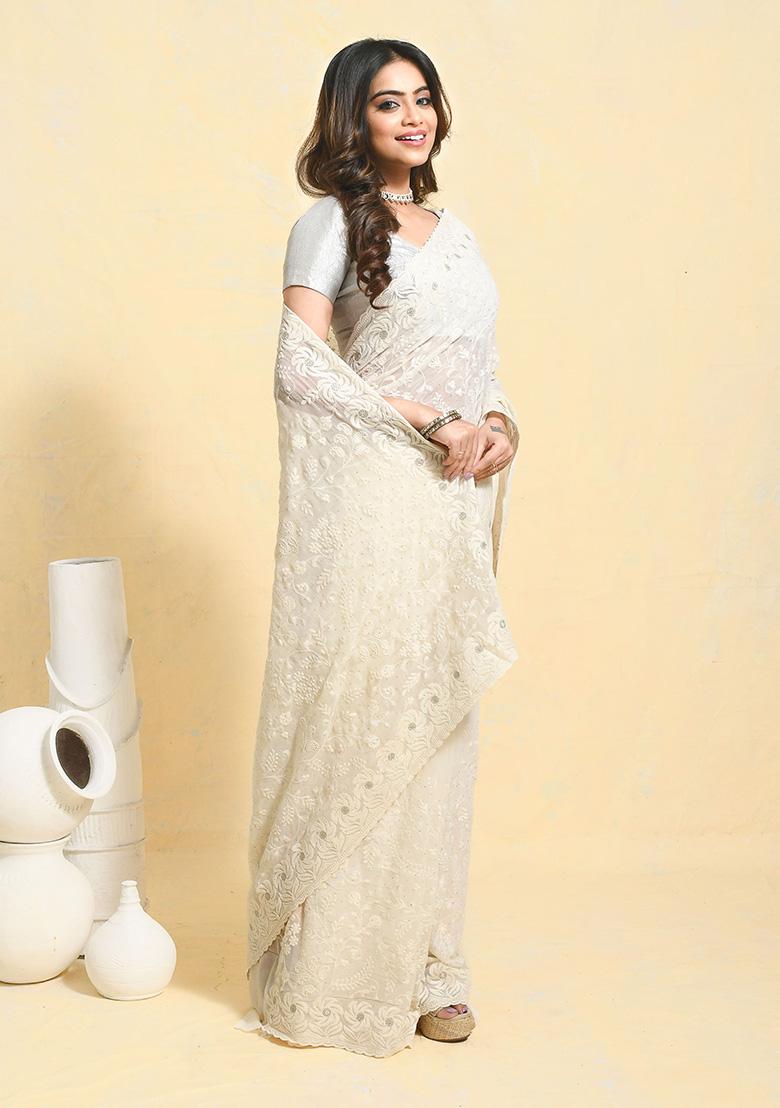 White Embellished Georgette Saree Set