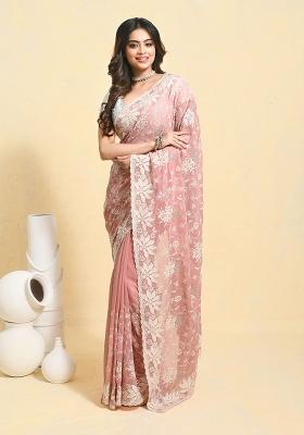 Peach Embellished Georgette Saree Set