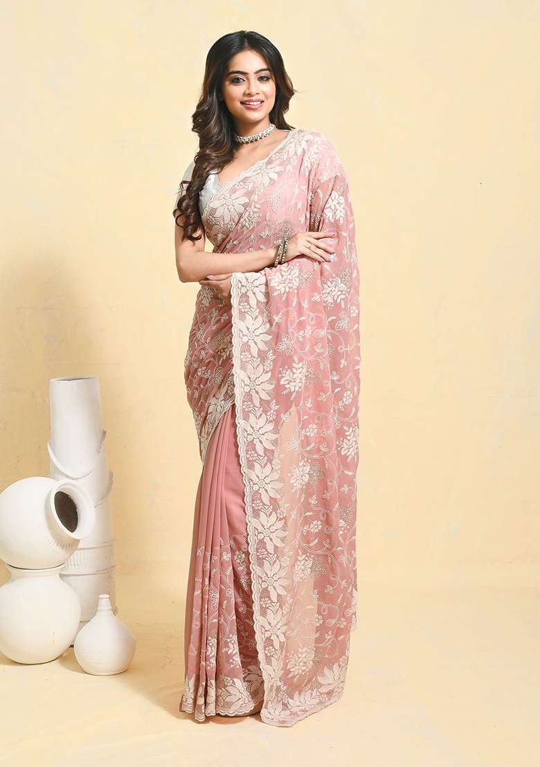 Peach Embellished Georgette Saree Set - Indya