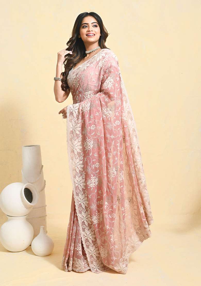 Peach Embellished Georgette Saree Set - Indya