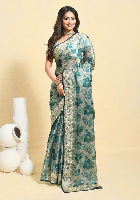 Green Embellished Organza Saree Set