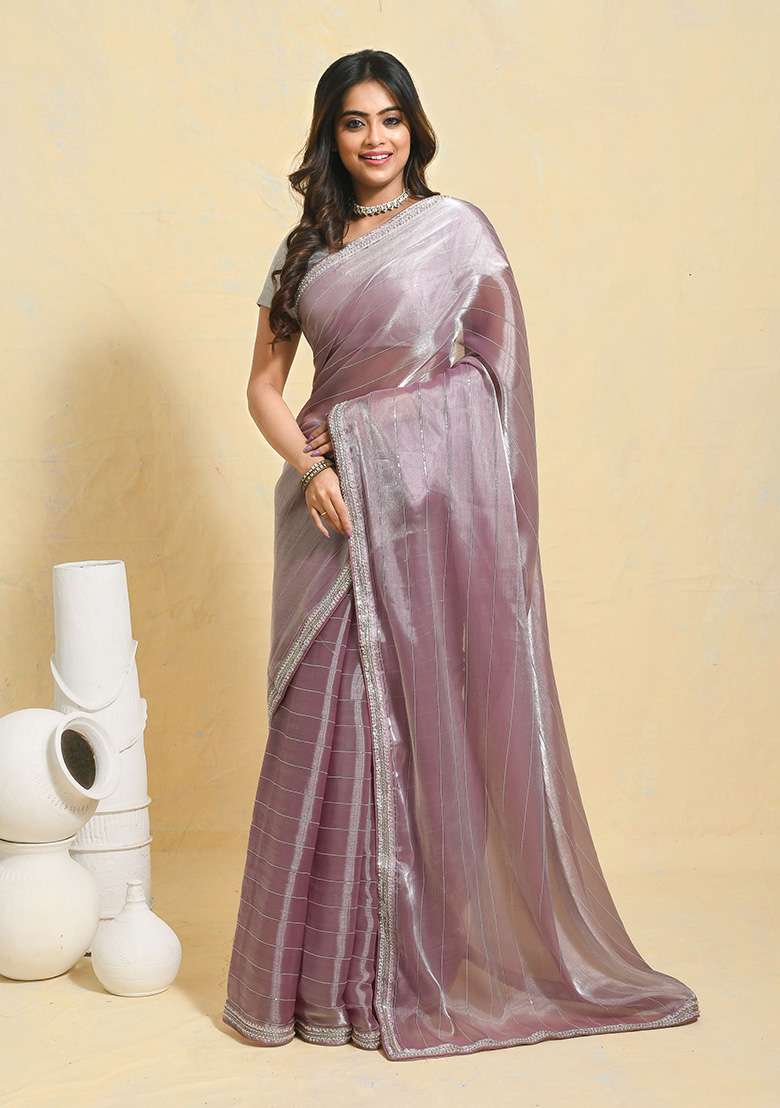 Purple Embellished Organza Saree Set for Diwali | Wedding & Festive Wear - Indya