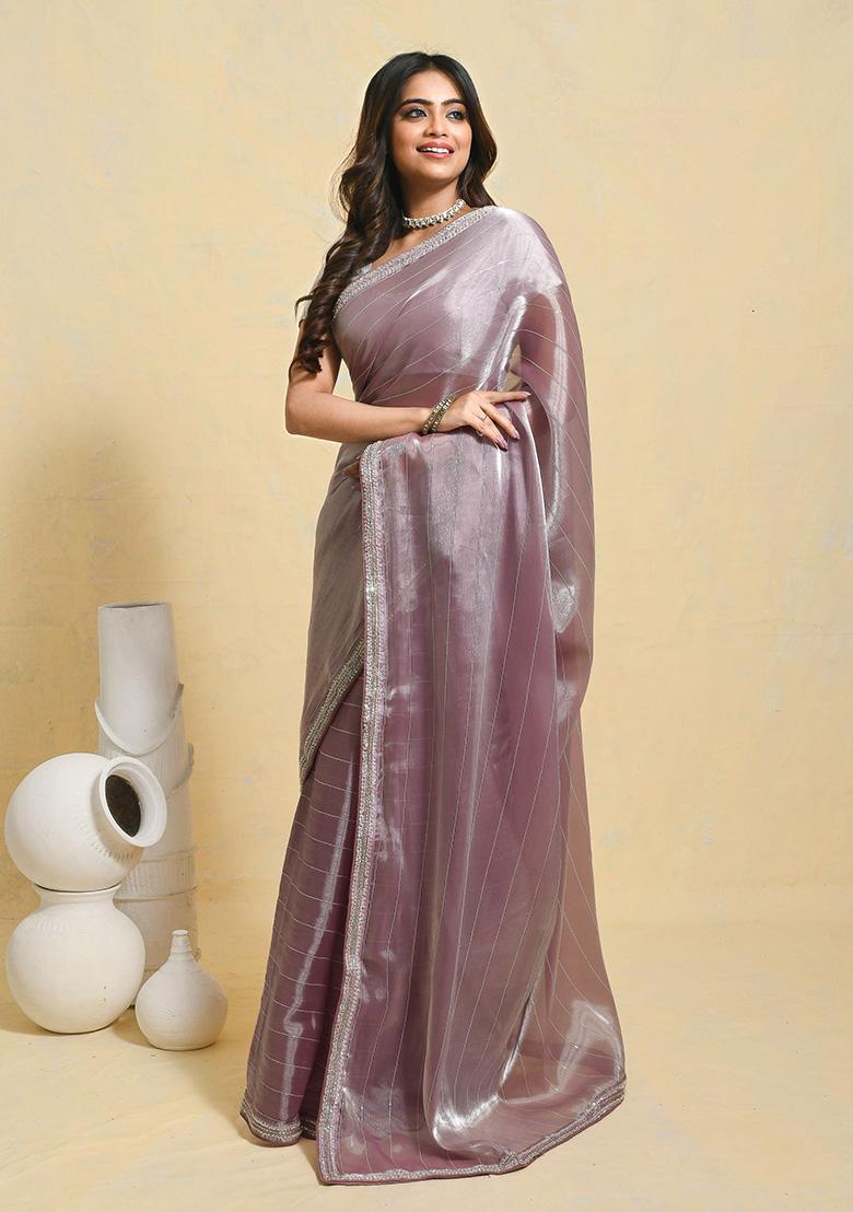 Purple Embellished Organza Saree Set