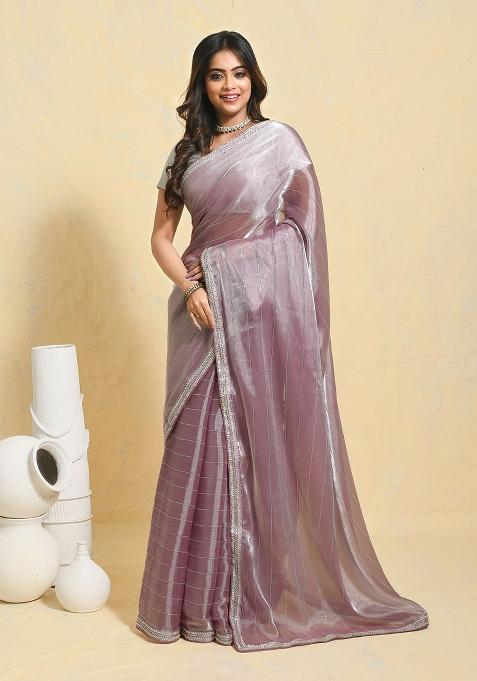 Purple Embellished Organza Saree Set