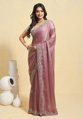 Yellow Embellished Satin Saree Set