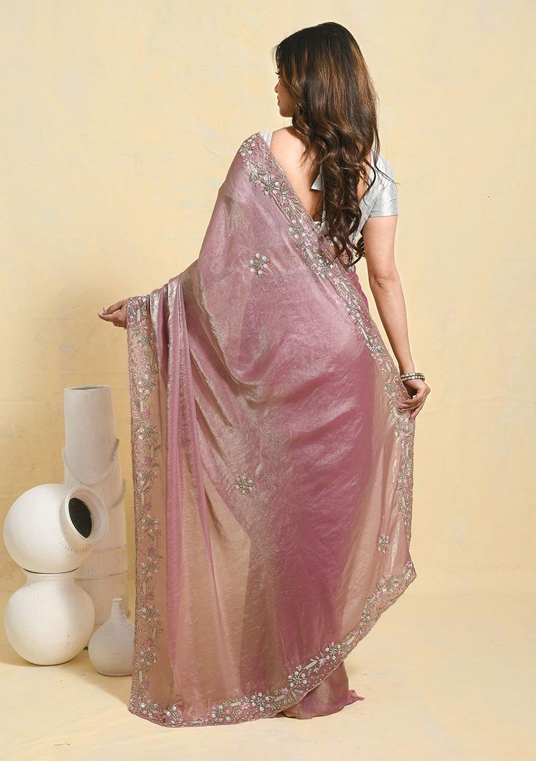 Yellow Embellished Satin Saree Set