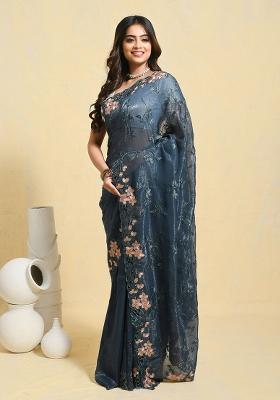 Blue Embellished Chiffon Saree Set