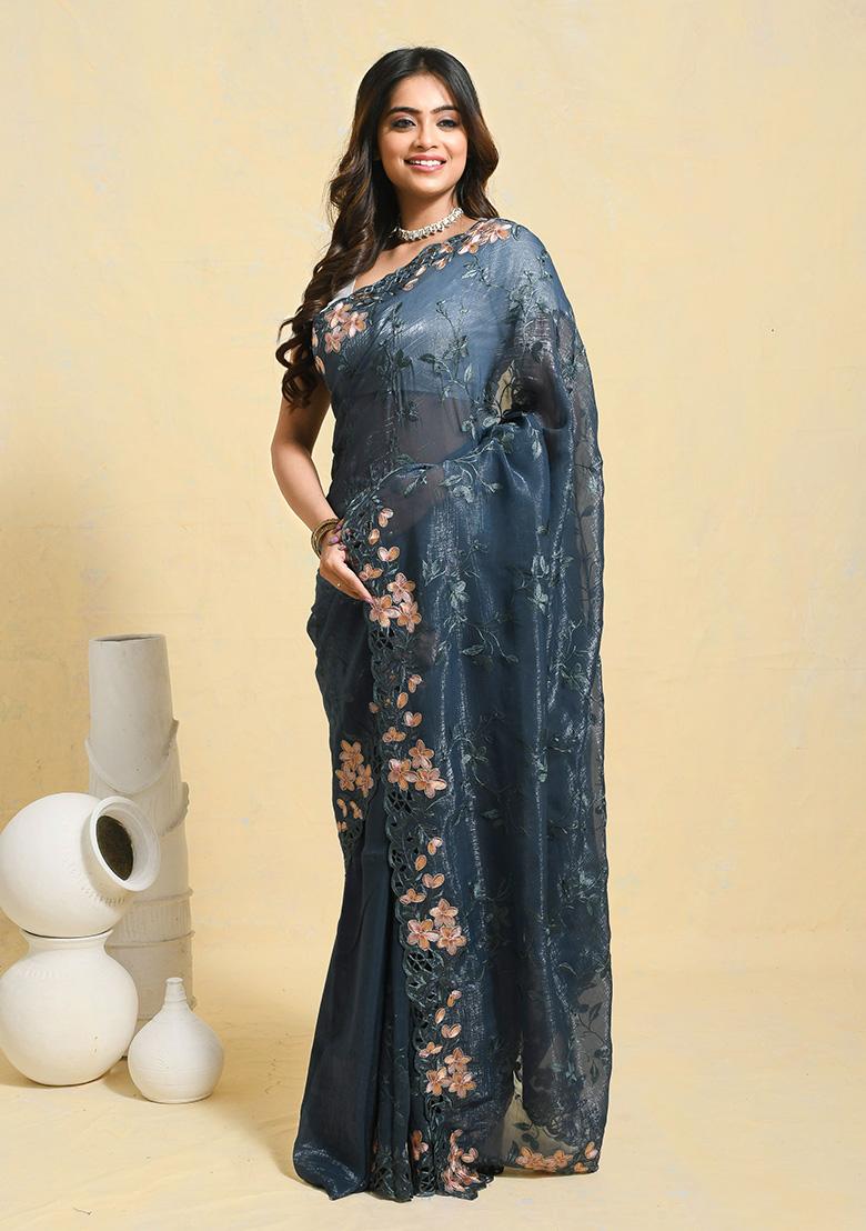 Blue Embellished Chiffon Saree Set