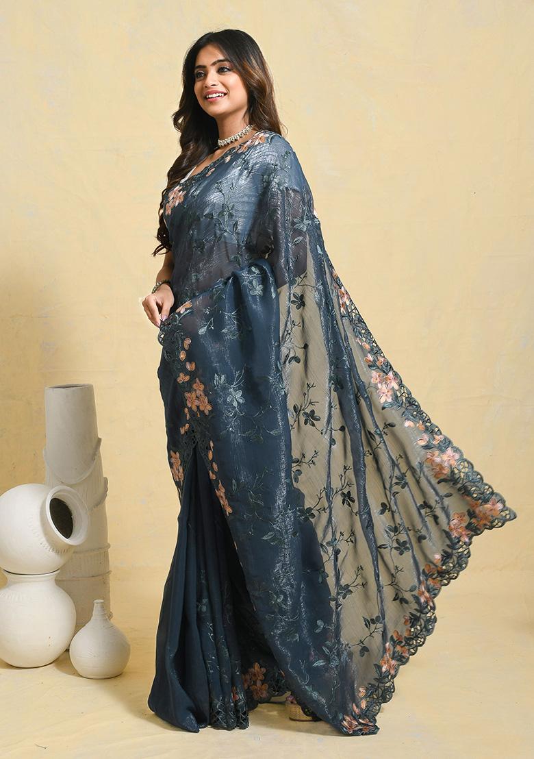 Blue Embellished Chiffon Saree Set