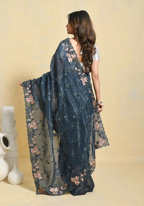 Blue Embellished Chiffon Saree Set