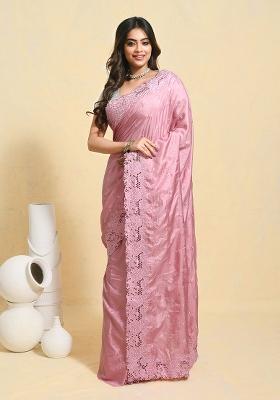 Pink Embellished Art Silk Saree Set