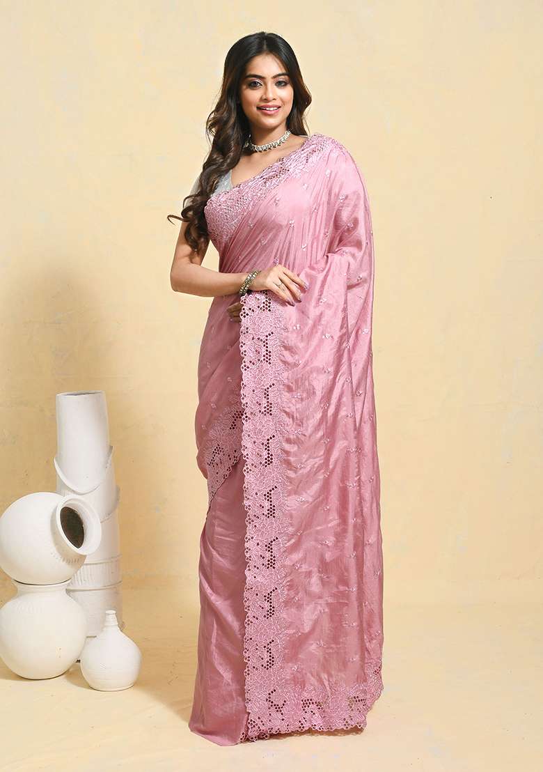 Pink Embellished Art Silk Saree Set - Indya