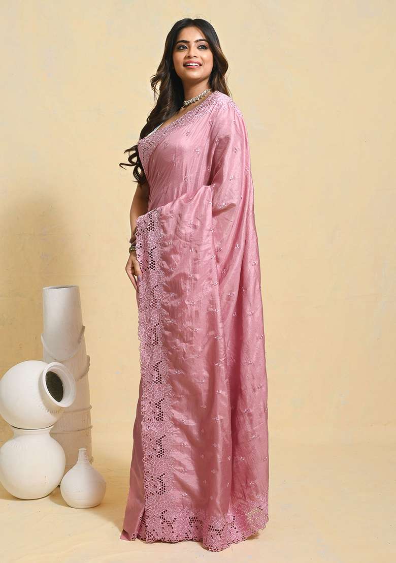 Pink Embellished Art Silk Saree Set - Indya
