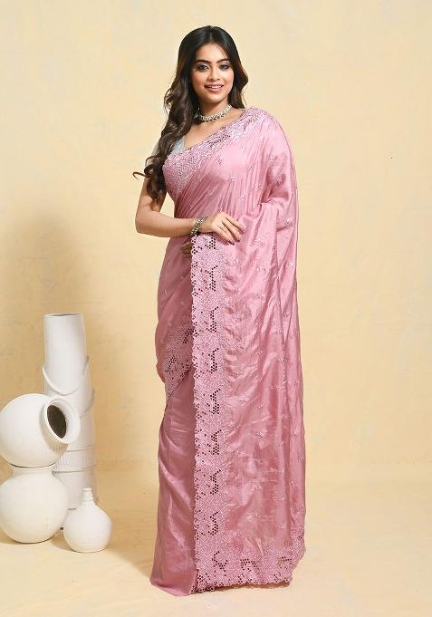 Pink Embellished Art Silk Saree Set