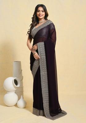 Purple Embellished Georgette Saree Set