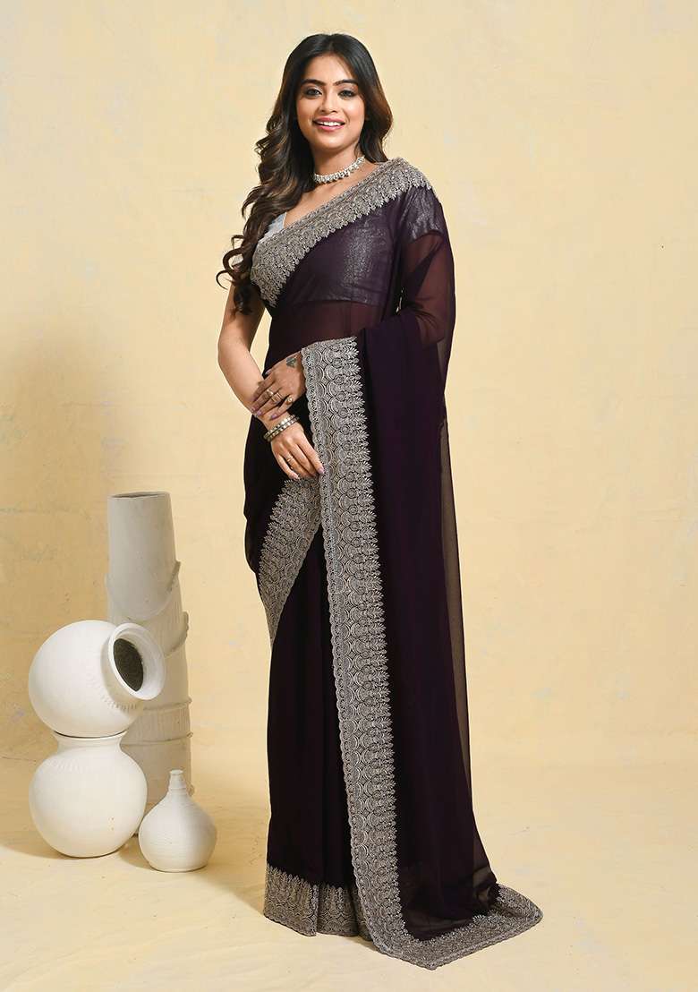Purple Embellished Georgette Saree Set for Diwali | Wedding & Festive Wear - Indya