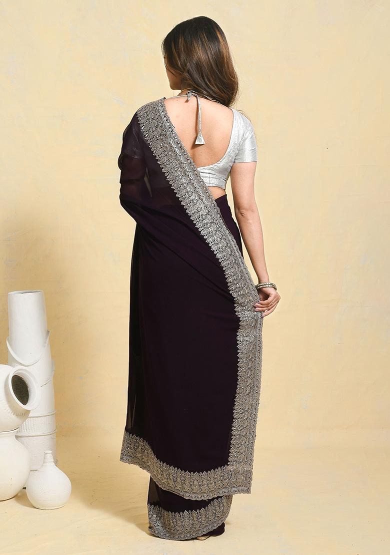 Purple Embellished Georgette Saree Set