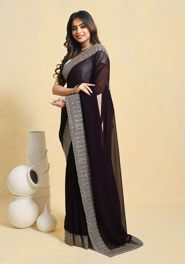 Purple Embellished Georgette Saree Set for Diwali | Wedding & Festive Wear - Indya
