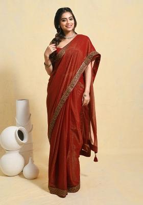 Orange Embellished Chiffon Saree Set