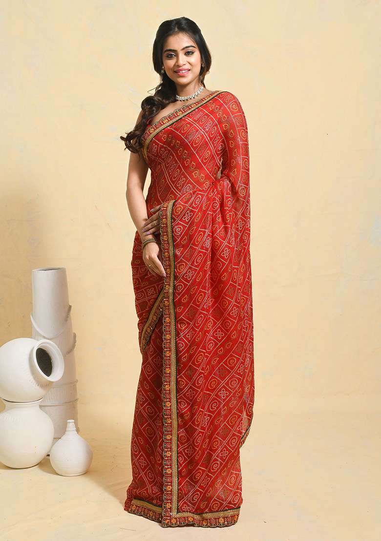 Red Embellished Georgette Saree Set for Diwali | Wedding & Festive Wear - Indya