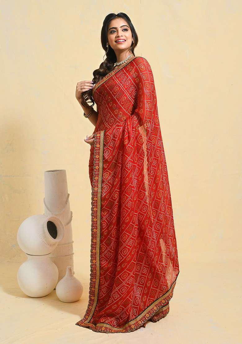 Red Embellished Georgette Saree Set for Diwali | Wedding & Festive Wear - Indya