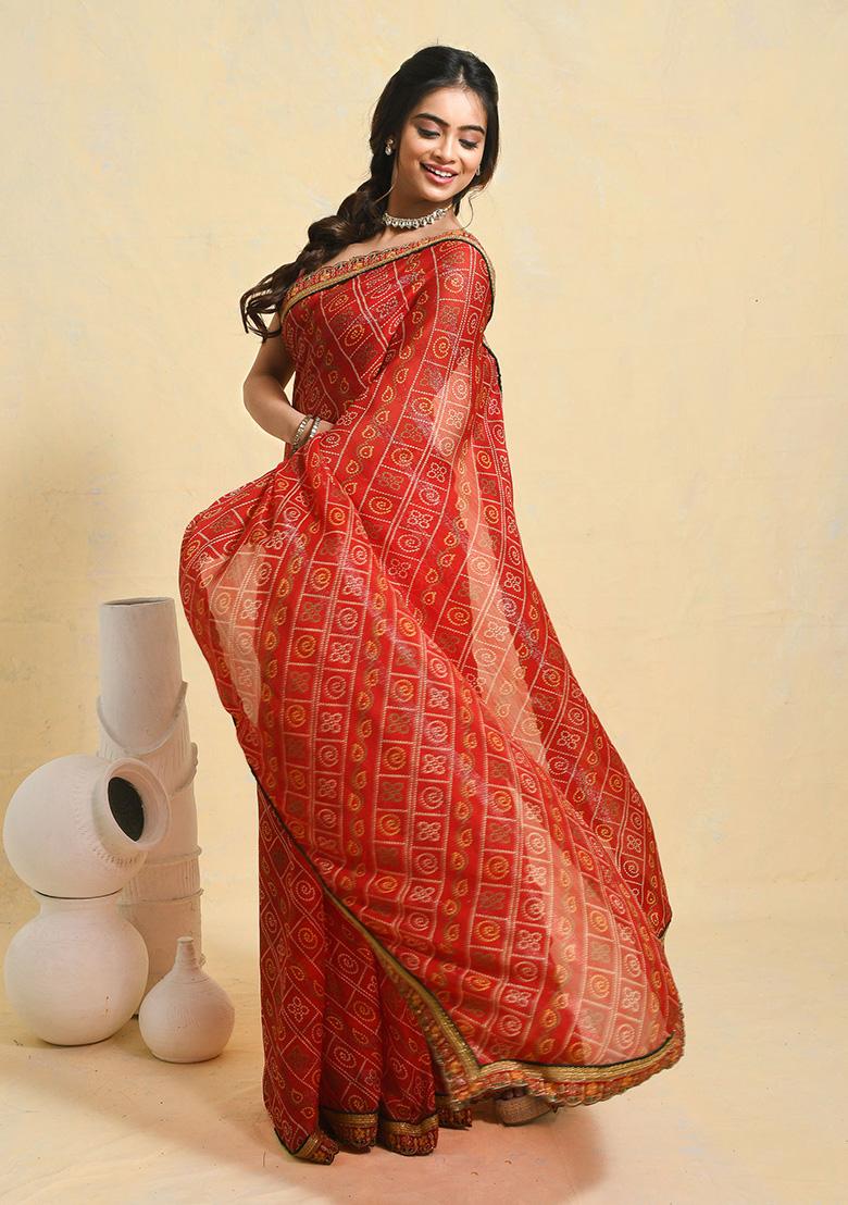 Red Embellished Georgette Saree Set