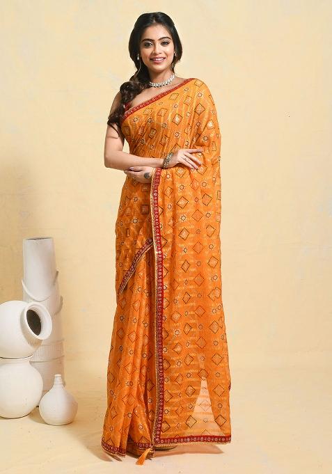 Yellow Embellished Georgette Saree Set