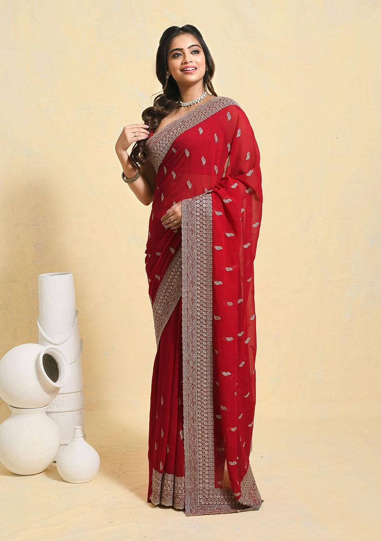 Maroon Embellished Georgette Saree Set