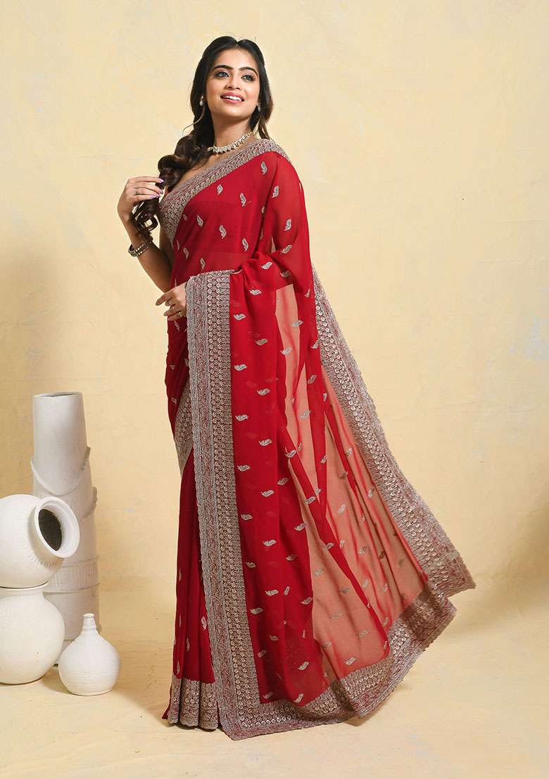 Maroon Embellished Georgette Saree Set - Indya