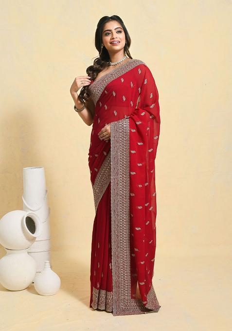Maroon Embellished Georgette Saree Set