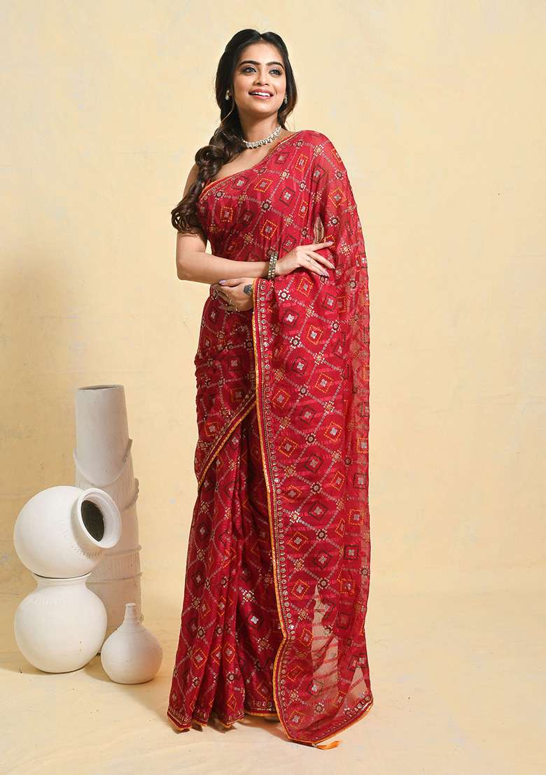 Pink Embellished Georgette Saree Set for Diwali | Wedding & Festive Wear - Indya