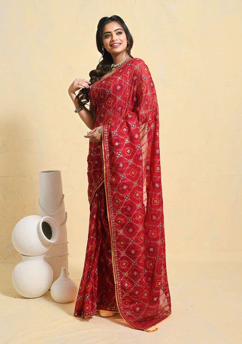 Pink Embellished Georgette Saree Set for Diwali | Wedding & Festive Wear - Indya