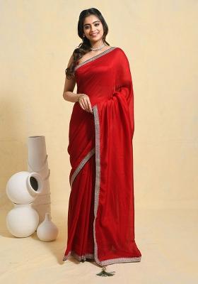 Red Embellished Art Silk Saree Set