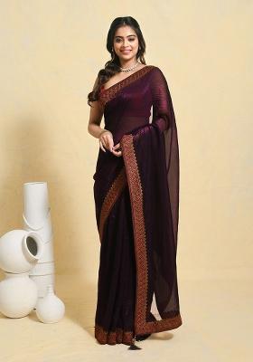 Purple Embellished Chiffon Saree Set